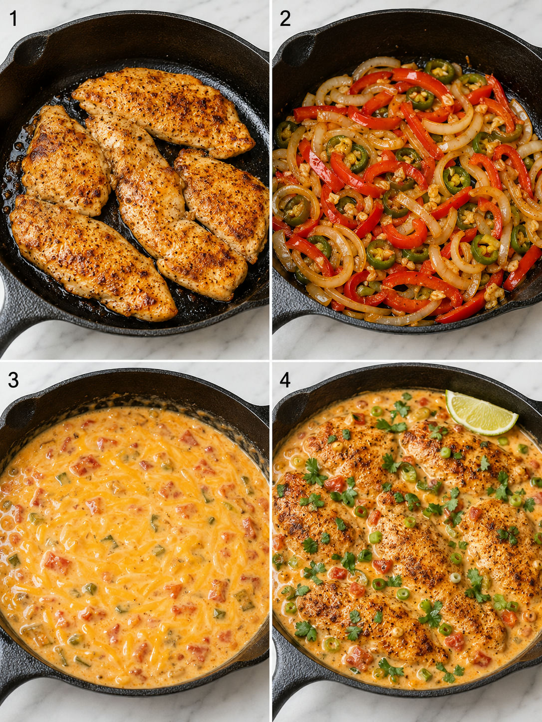Four cooking steps for queso smothered chicken skillet