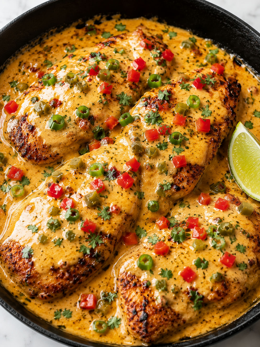 Queso smothered chicken skillet with peppers, cilantro, and lime