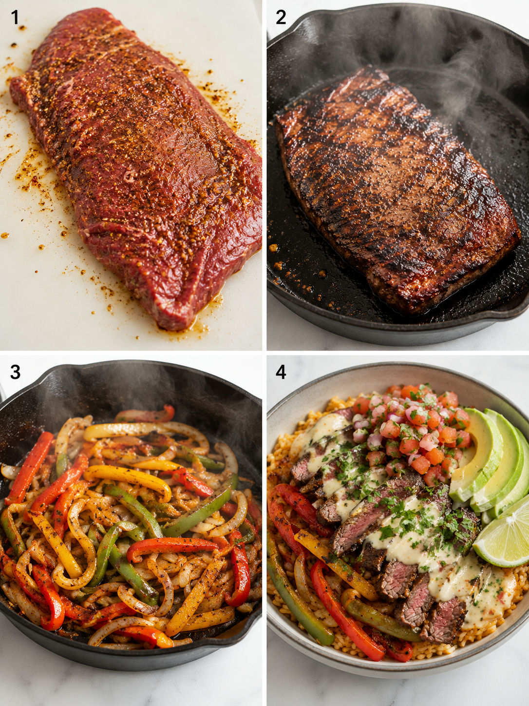 Four cooking steps for queso steak fajita stack with steak and peppers
