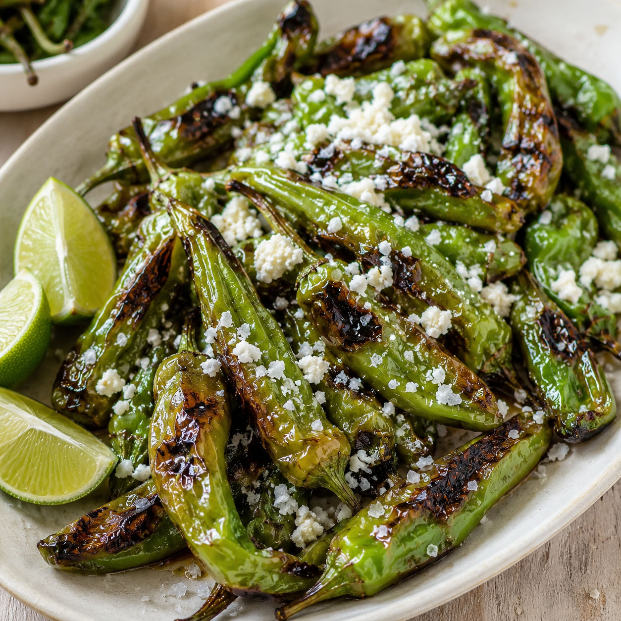 Grilled shishito peppers with cotija and lime on a white platter