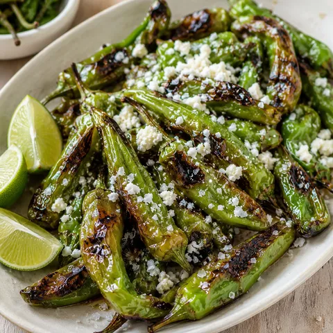Grilled shishito peppers with cotija and lime on a white platter