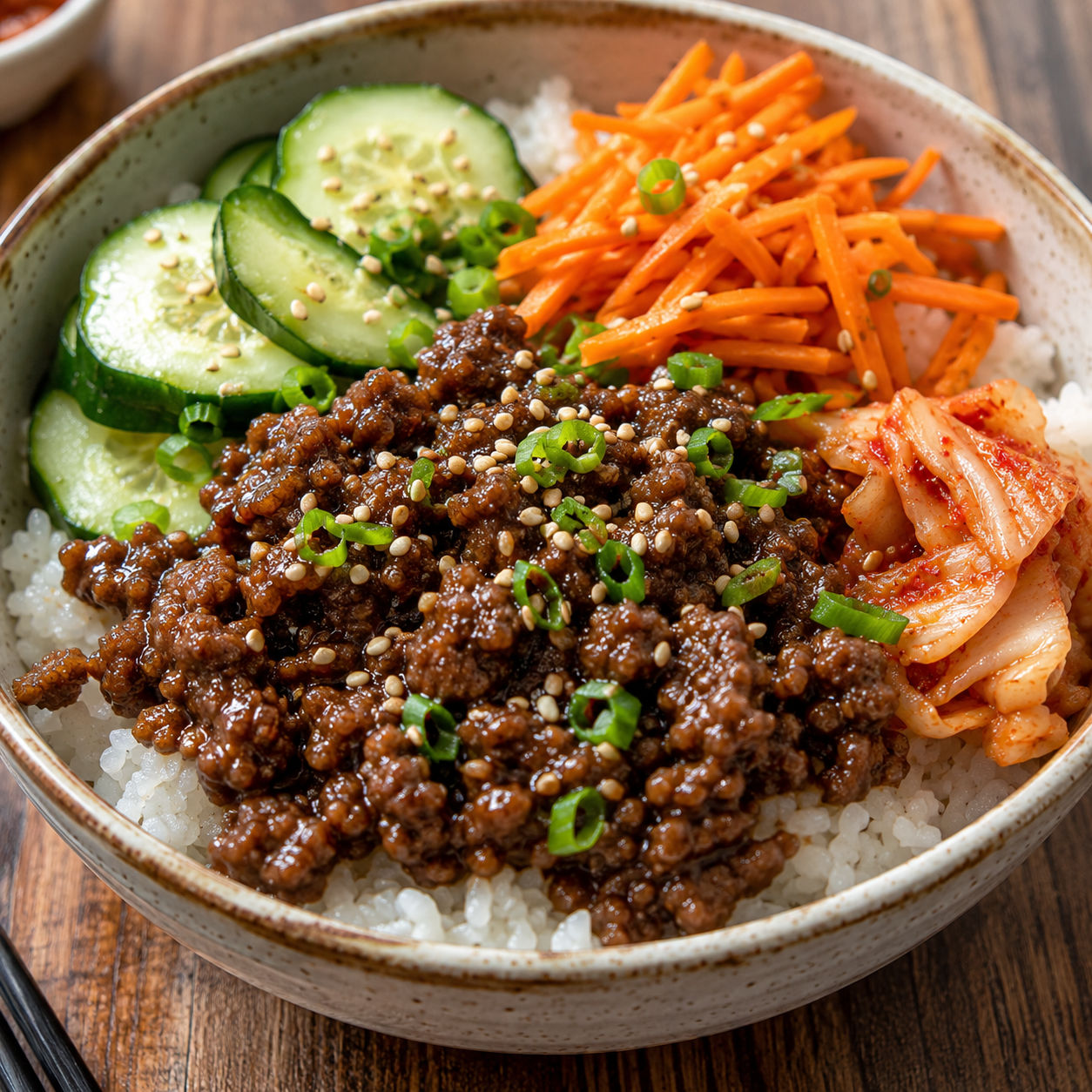 Korean ground beef bowl with rice, cucumber, carrot, scallions, and kimchi
