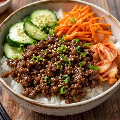 Korean ground beef bowl with rice, cucumber, carrot, scallions, and kimchi