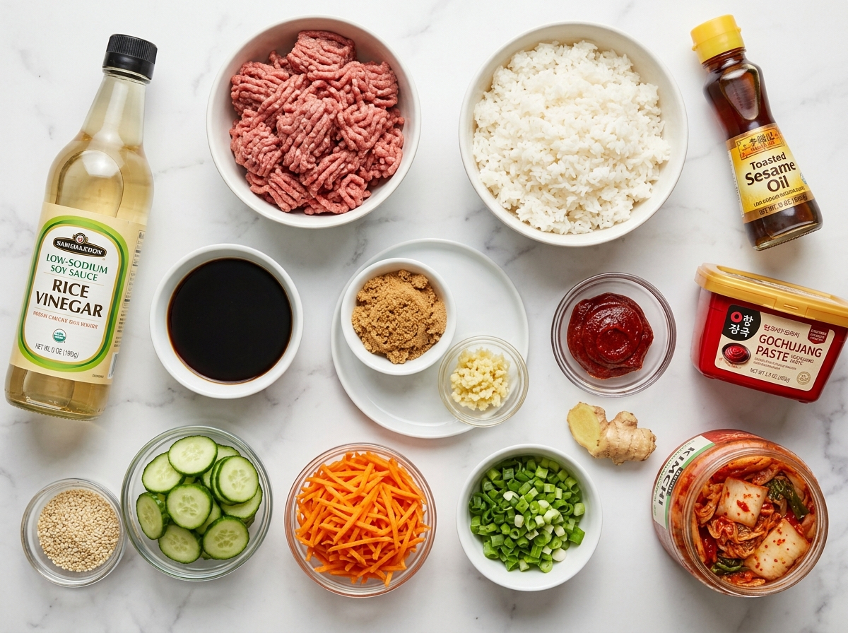 Ingredients for Korean ground beef rice bowls with cucumber and gochujang
