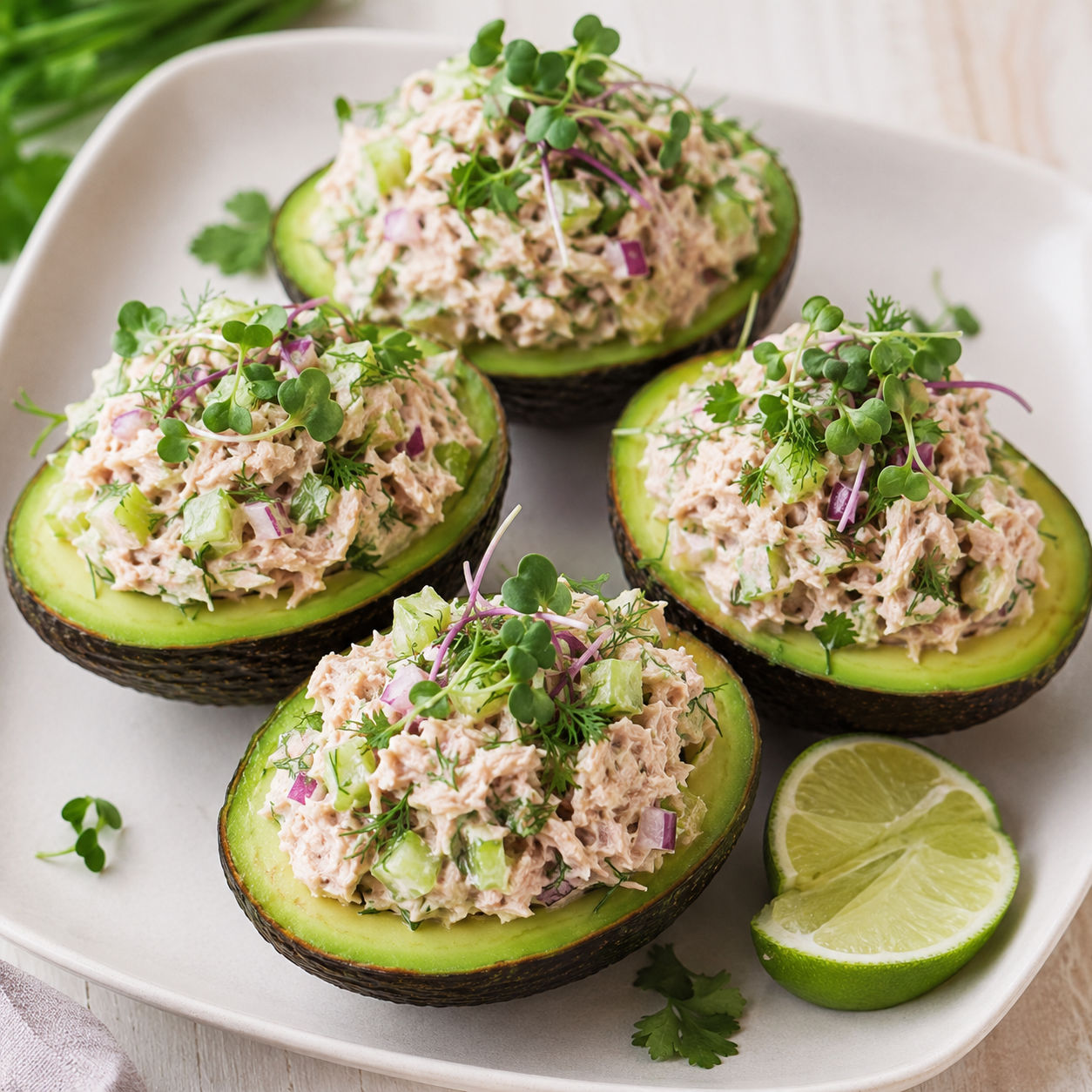 Tuna avocado boats with herbs, microgreens, and lime wedges