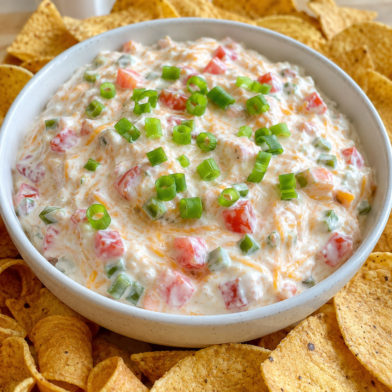 Creamy boat dip with tomatoes, cheese, and green onions in a white bowl with chips