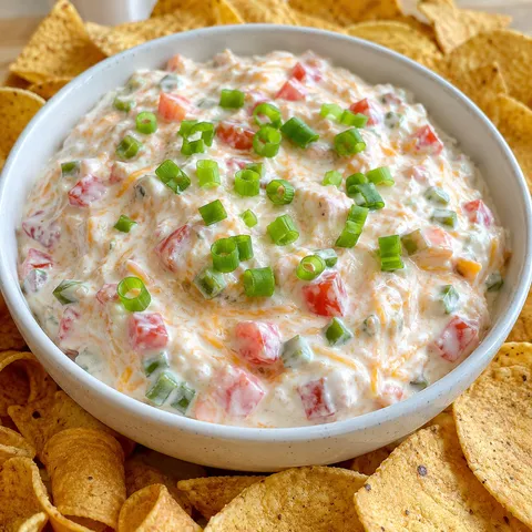 Creamy boat dip with tomatoes, cheese, and green onions in a white bowl with chips