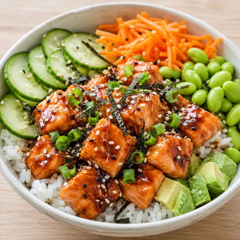 Teriyaki salmon rice bowl with avocado, cucumber, edamame, and sesame