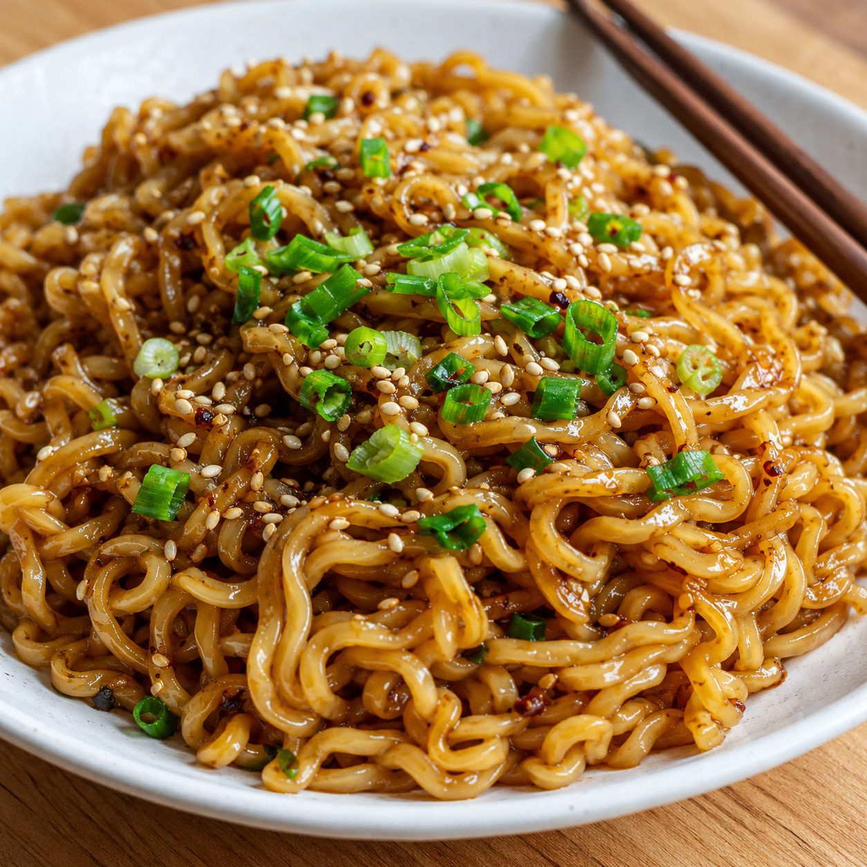 Sesame garlic ramen noodles with scallions and sesame seeds