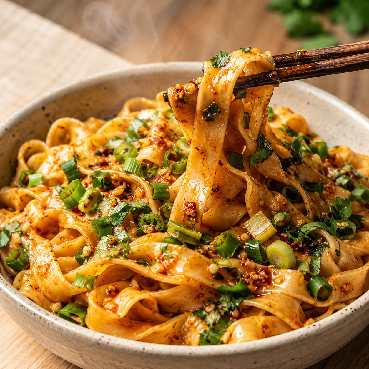 Garlic chili oil noodles with green onions and cilantro in a shallow bowl