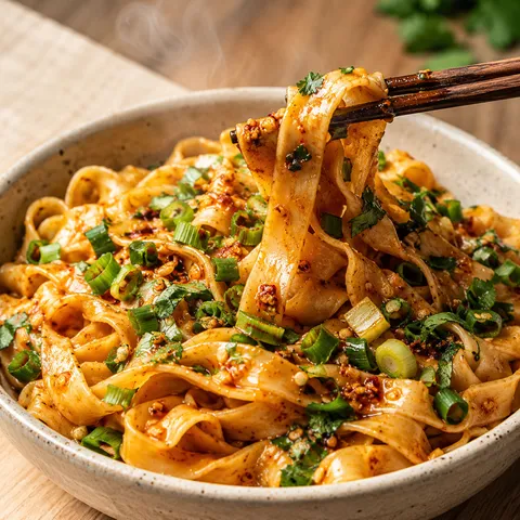 Garlic chili oil noodles with green onions and cilantro in a shallow bowl