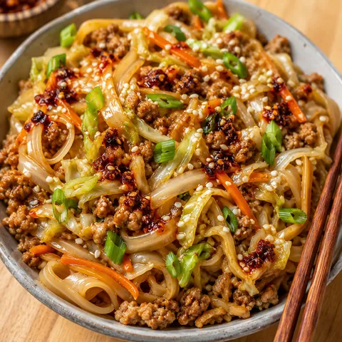 Potsticker noodle bowl with ground pork, cabbage, green onions, and sesame