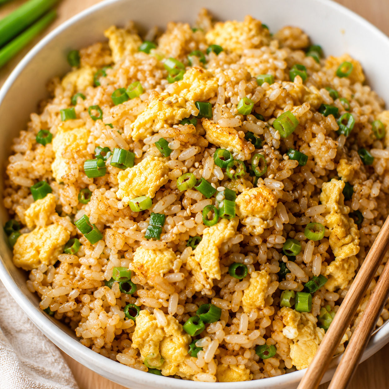 Egg fried rice with sesame soy glaze and green onions in a bowl