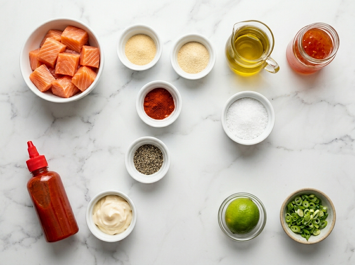 Ingredients for bang bang salmon bites on a light counter