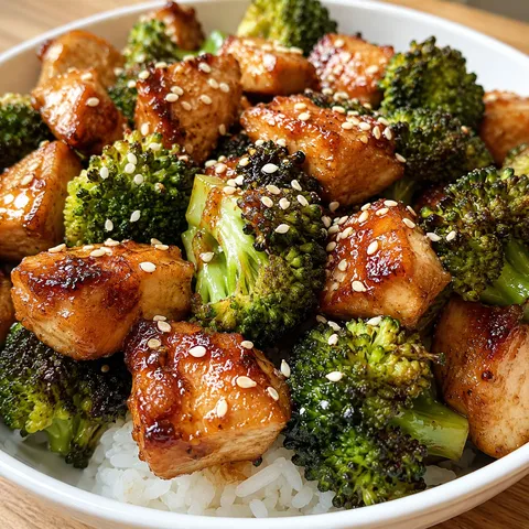Air fryer chicken and broccoli with soy ginger glaze and sesame seeds in a white bowl