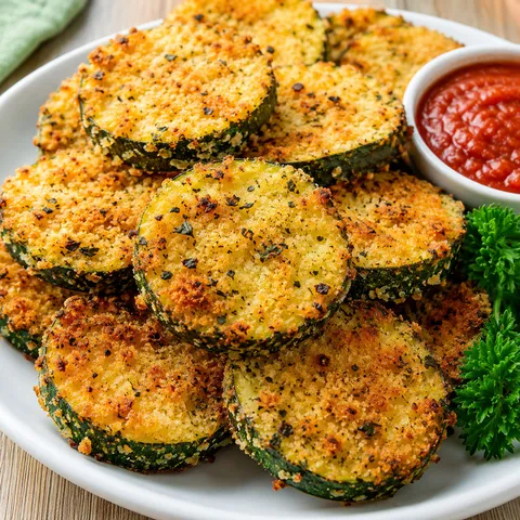 Crispy air fryer zucchini rounds with golden parmesan panko crust on a white plate