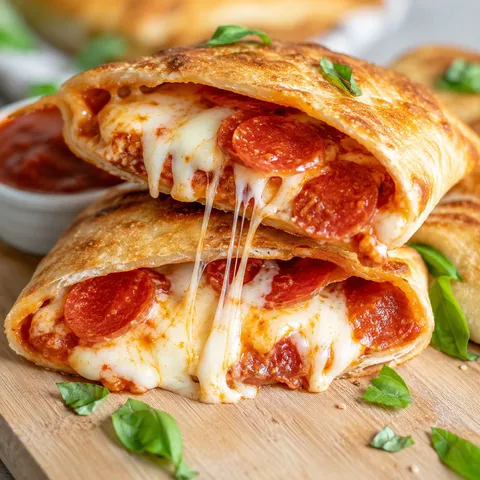 Baked pizza wraps with melted mozzarella, pepperoni, and marinara