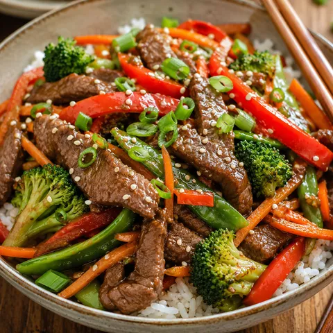Beef and veggie stir-fry bowl with rice, broccoli, peppers, and sesame