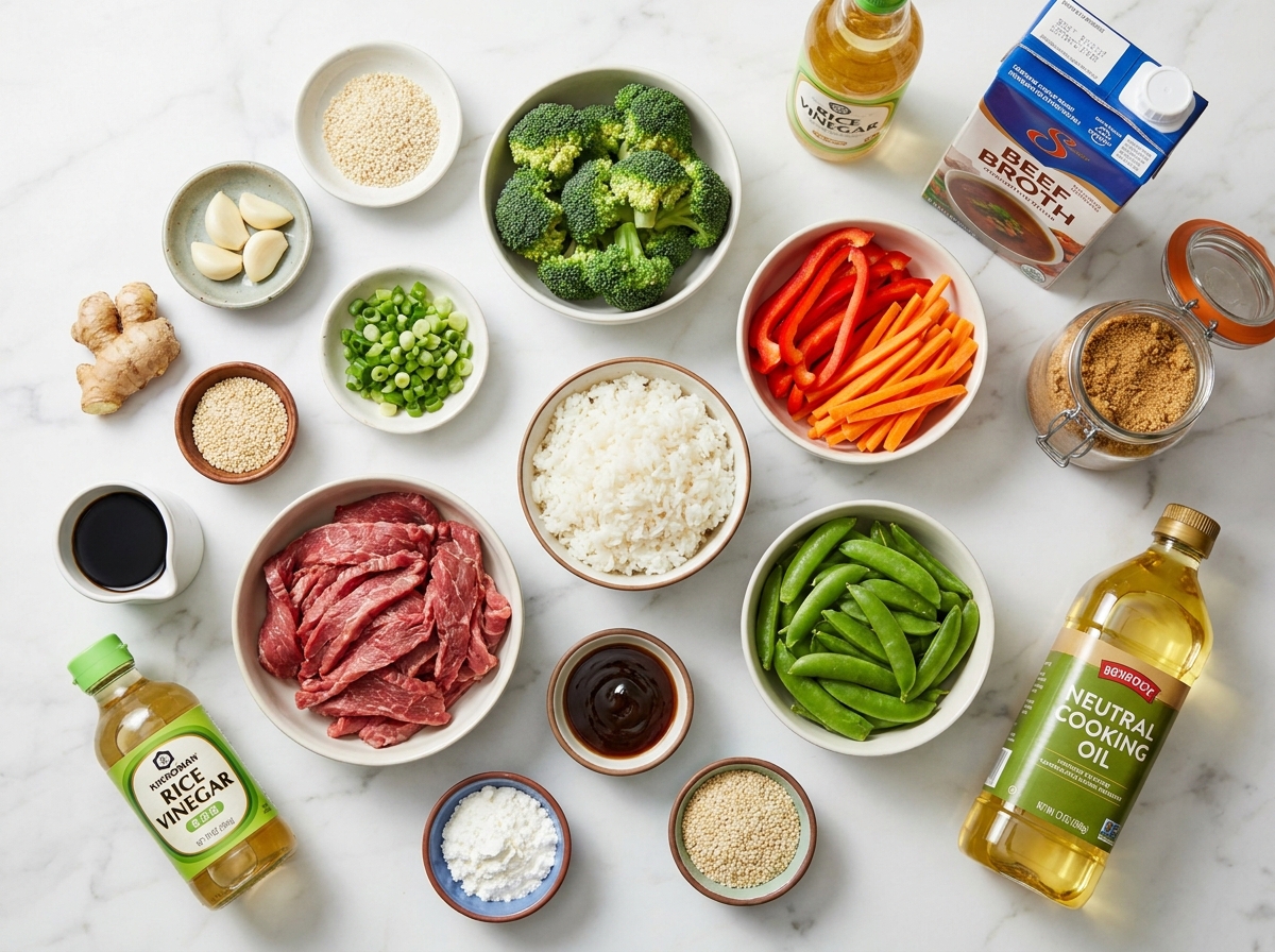 Raw beef stir-fry ingredients with vegetables, rice, and sauce components