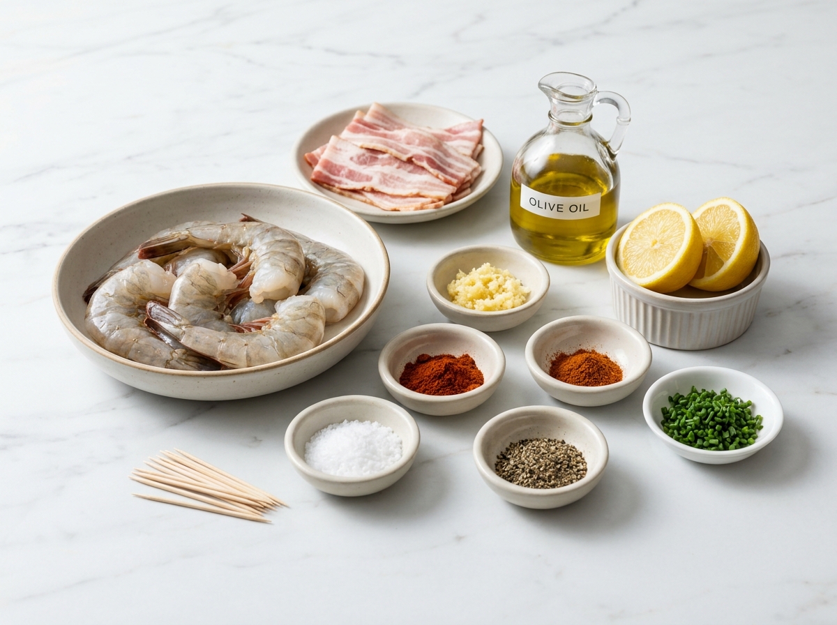 Raw shrimp, bacon, lemon, garlic, spices, chives, and toothpicks