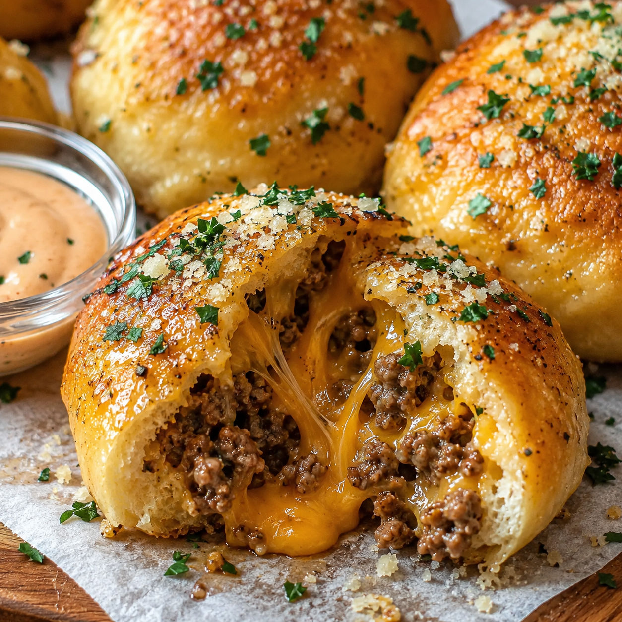 Cheeseburger garlic bombs with melted cheddar and parsley