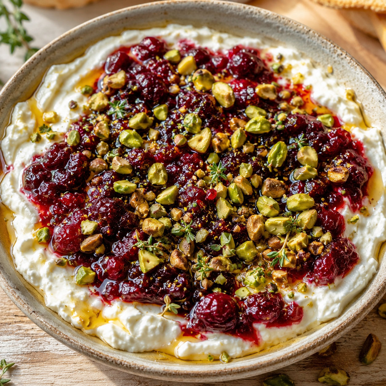 Cranberry whipped feta dip topped with pistachios and honey in a ceramic bowl