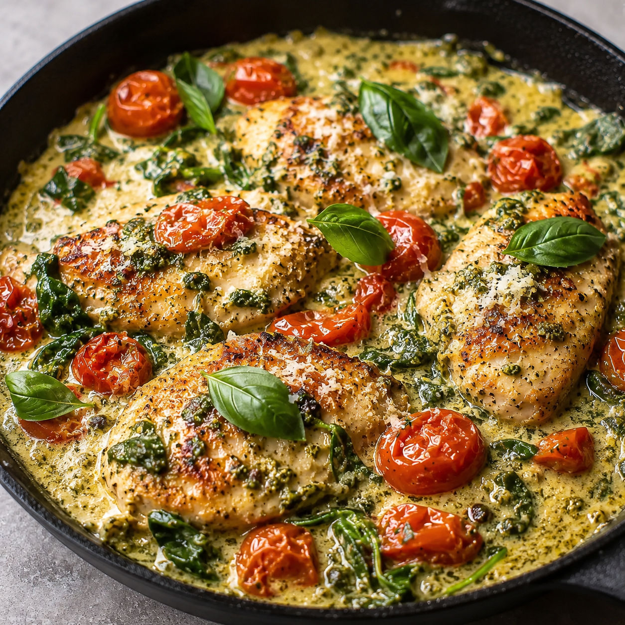 Creamy pesto chicken with spinach and cherry tomatoes in a skillet