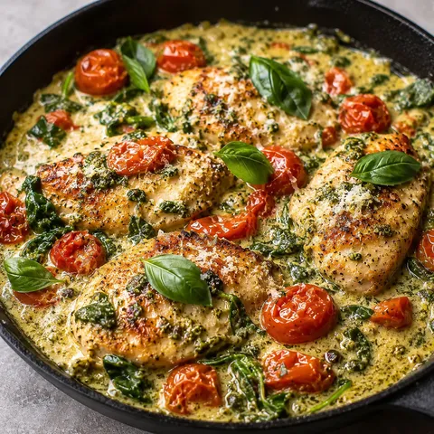Creamy pesto chicken with spinach and cherry tomatoes in a skillet