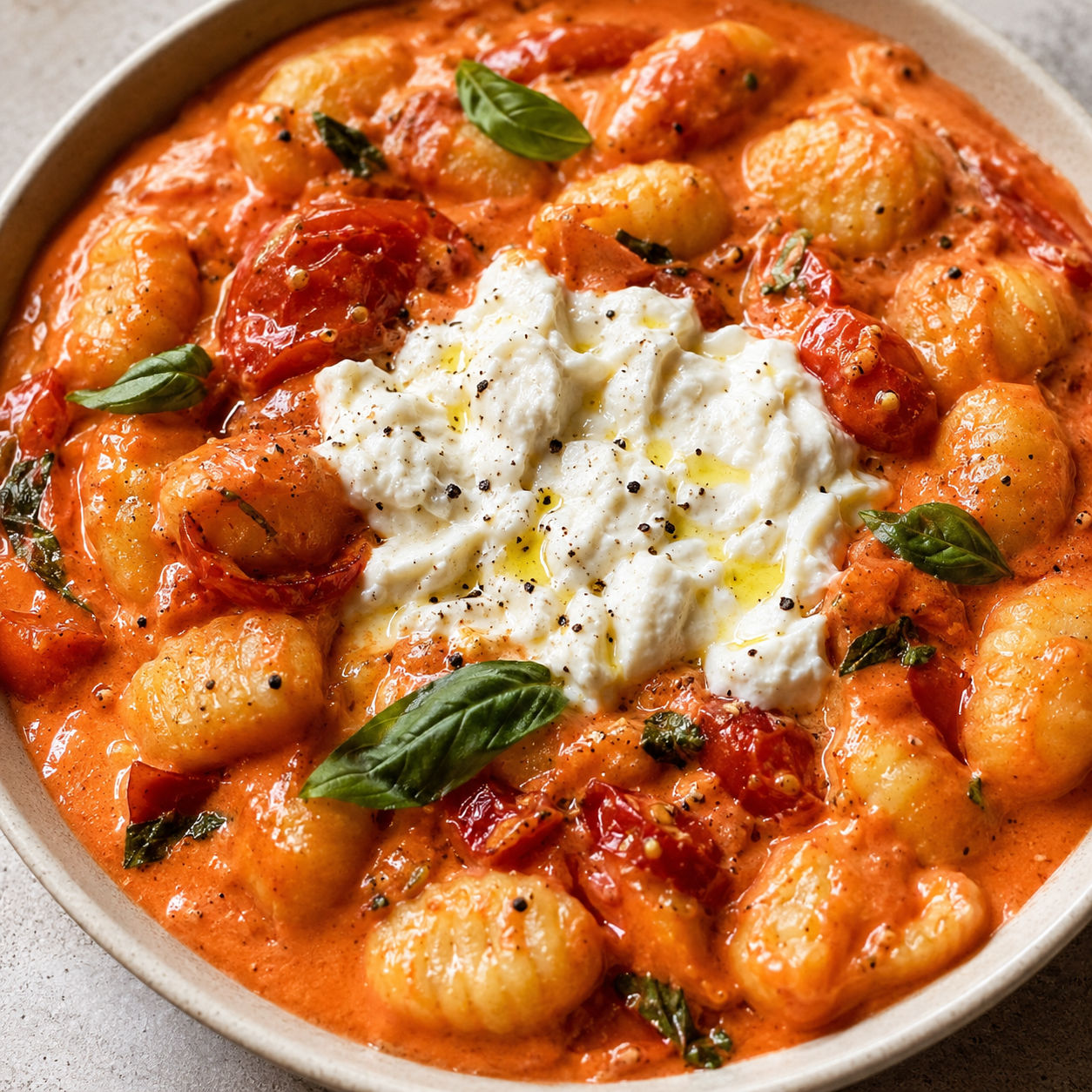 Creamy tomato gnocchi with burrata and basil in a shallow bowl