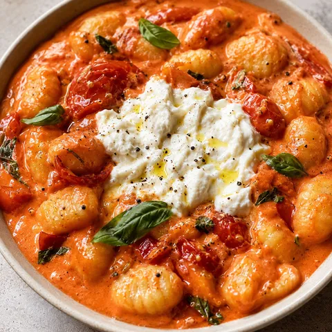 Creamy tomato gnocchi with burrata and basil in a shallow bowl