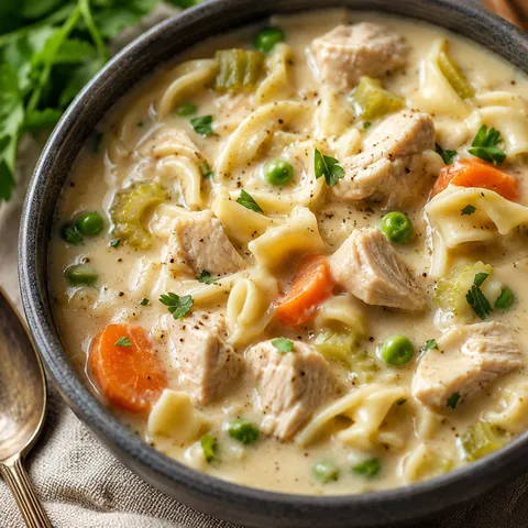 Creamy turkey noodle soup with carrots, peas, parsley, and egg noodles