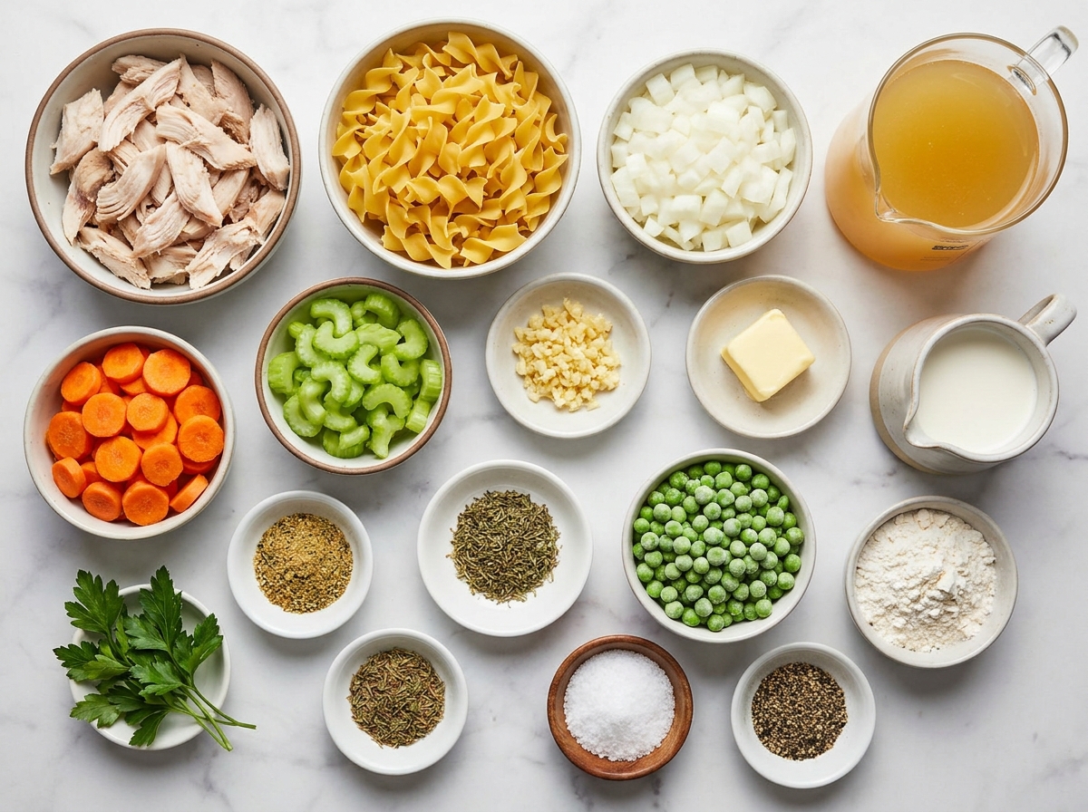 Ingredients for creamy turkey noodle soup with noodles, vegetables, and broth
