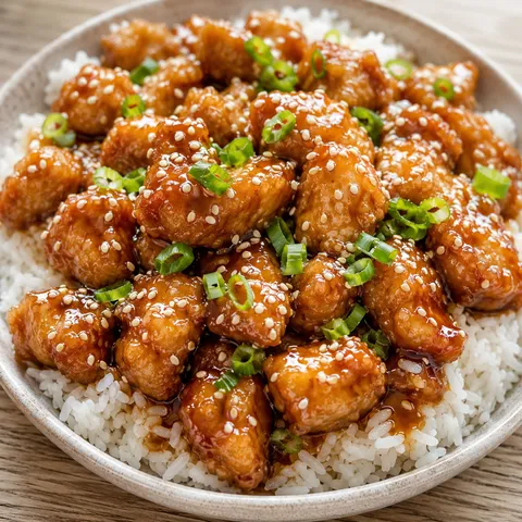 Sesame chicken with glossy sauce and green onions over white rice in a shallow bowl