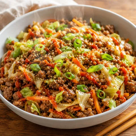 Egg roll in a bowl with pork, cabbage, carrots, green onions, and sesame seeds