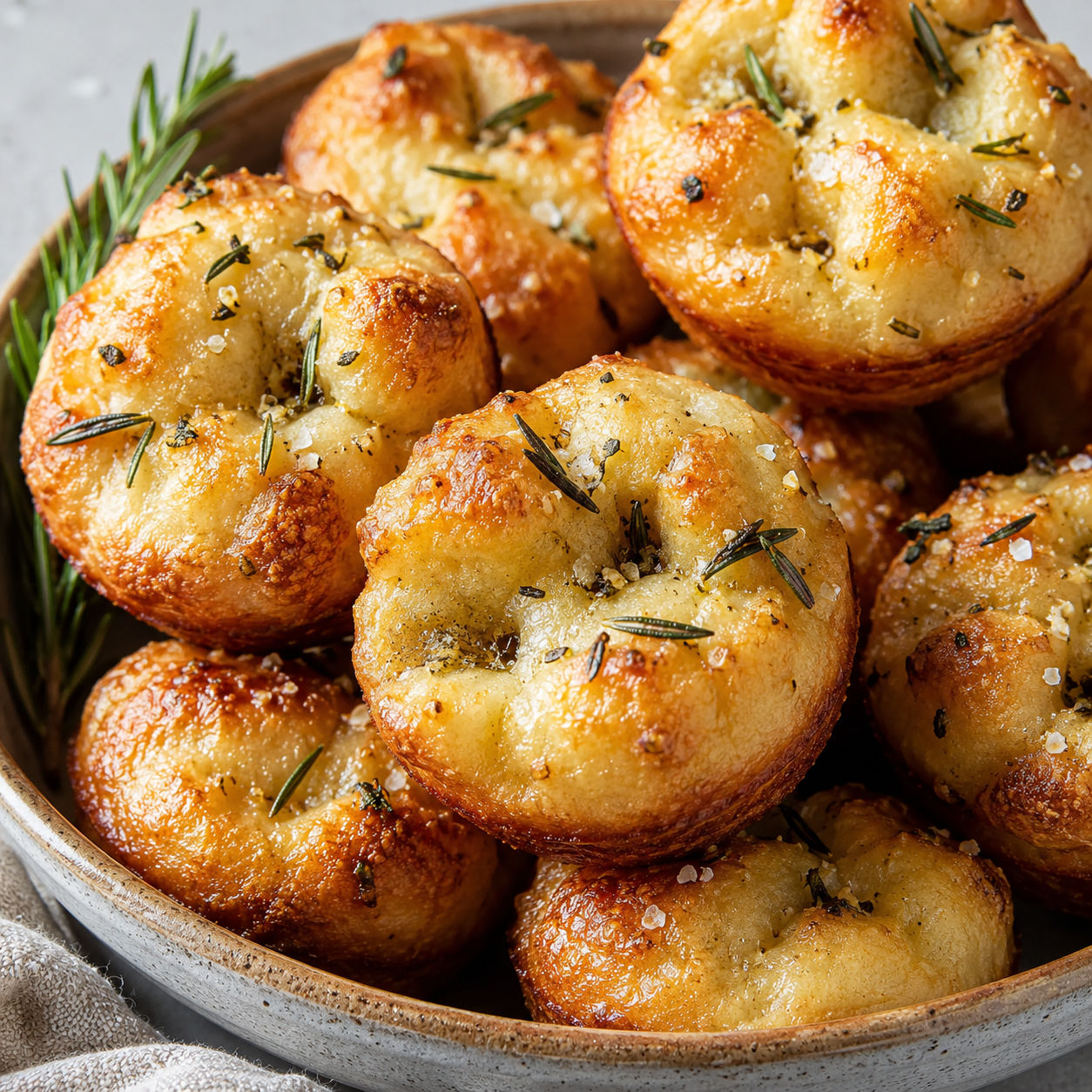 Golden garlic rosemary focaccia muffins in a ceramic bowl