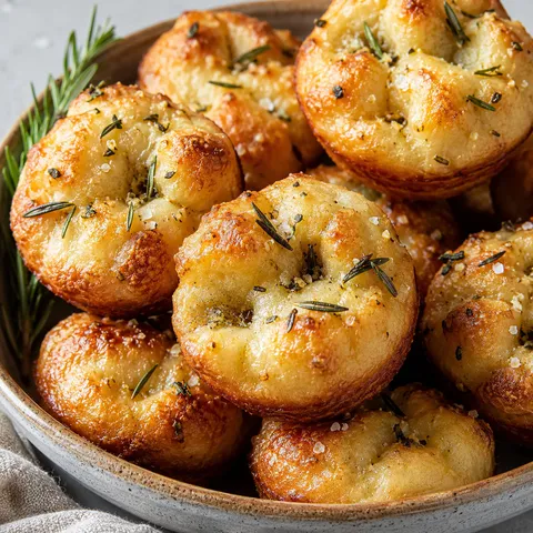 Golden garlic rosemary focaccia muffins in a ceramic bowl