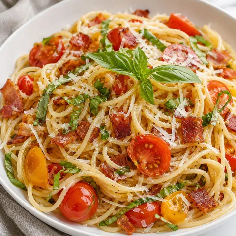 Gluten-free summer spaghetti with tomatoes, basil, bacon, and parmesan