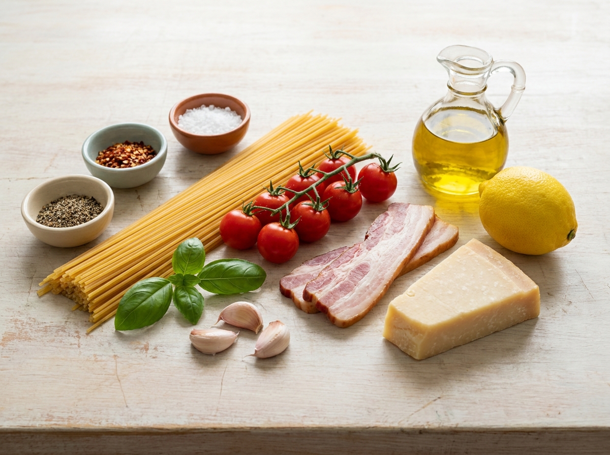 Ingredients for gluten-free summer spaghetti with tomatoes and basil