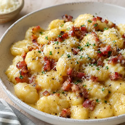 Gnocchi carbonara with crispy pancetta, pecorino, and cracked black pepper in a bowl