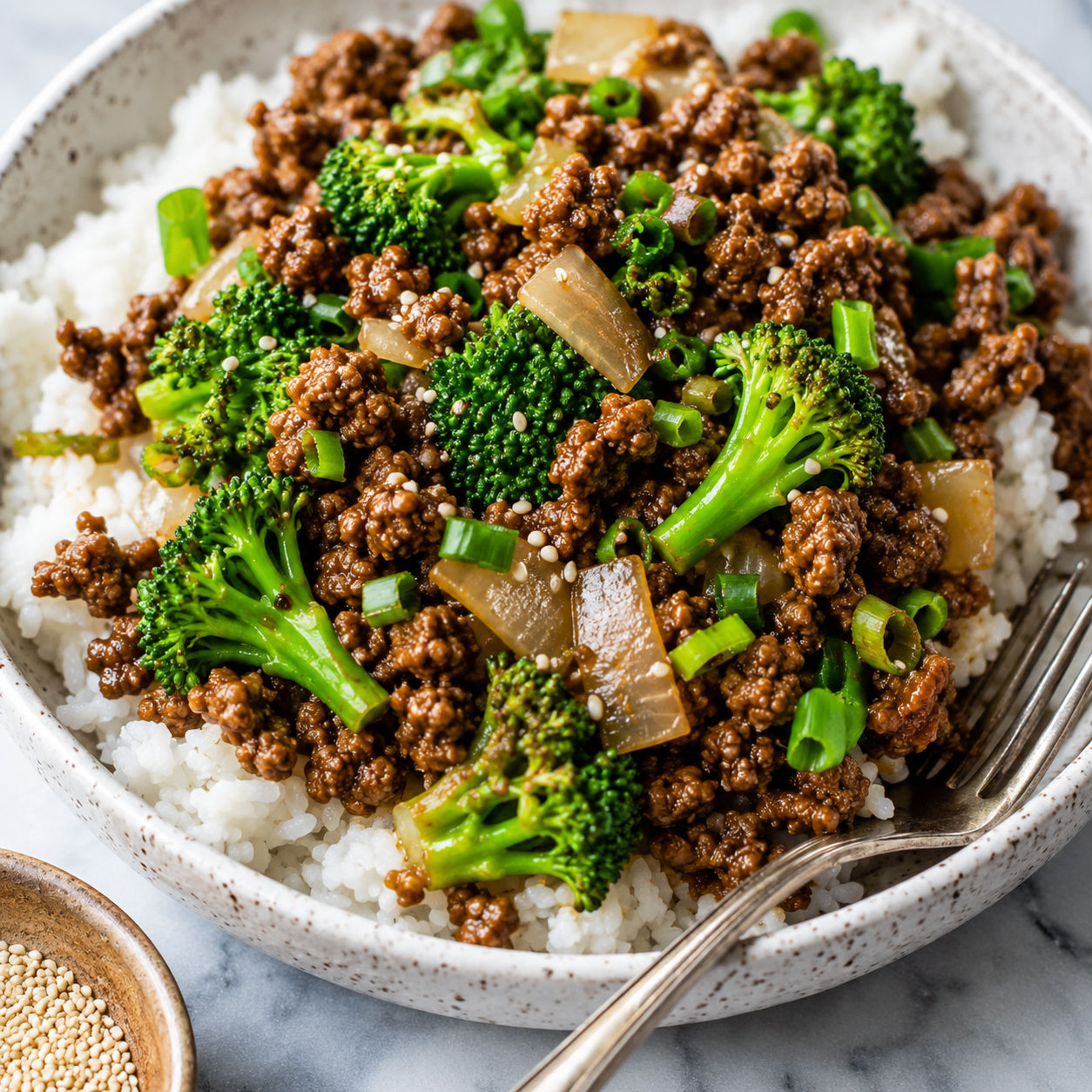 Ground beef and broccoli stir fry with rice, scallions, and sesame seeds