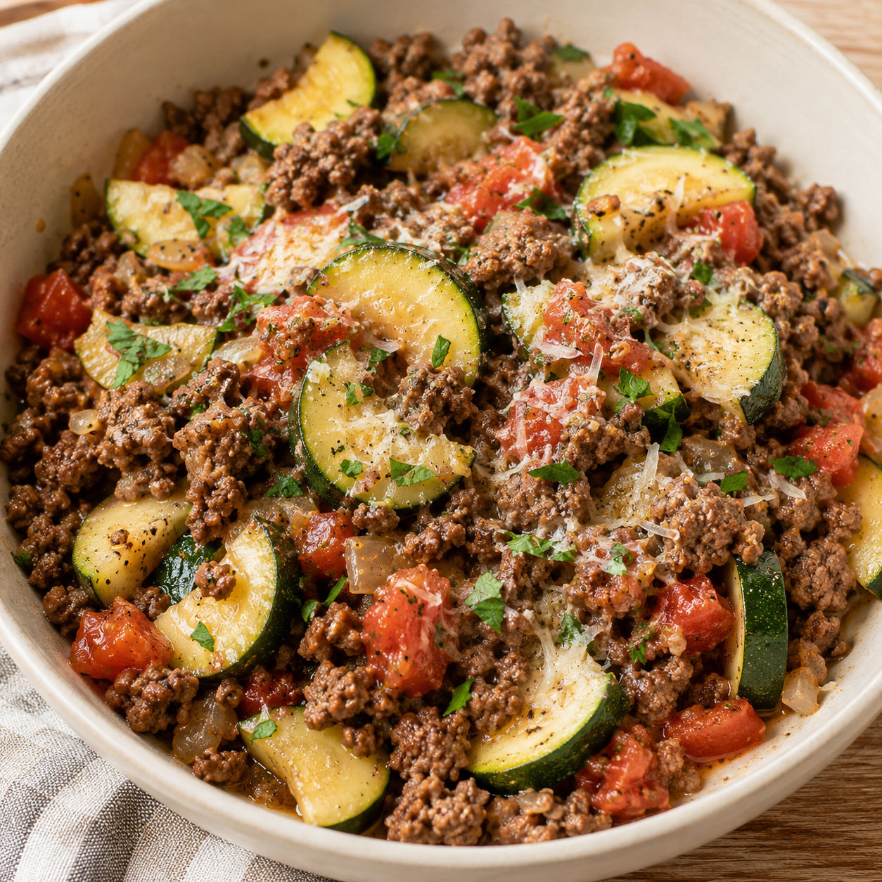 Ground beef and zucchini skillet with tomatoes, parmesan, and parsley