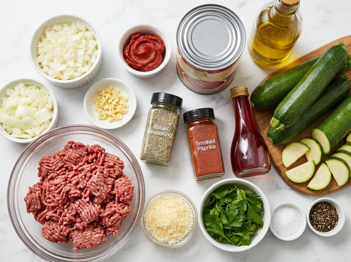 Ingredients for ground beef and zucchini skillet on a light kitchen surface