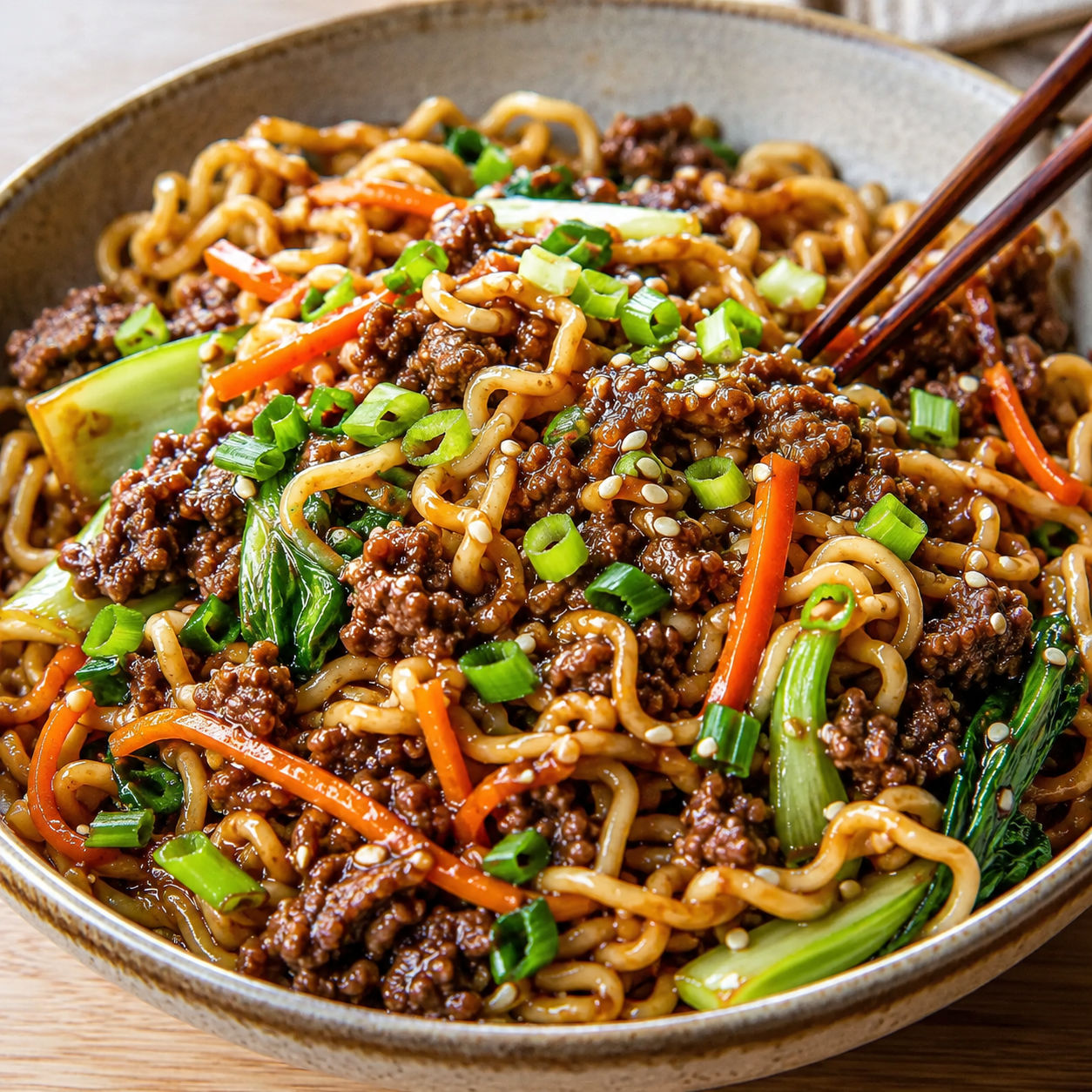 Hoisin beef noodles with bok choy, carrots, green onions, and sesame seeds