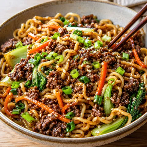 Hoisin beef noodles with bok choy, carrots, green onions, and sesame seeds