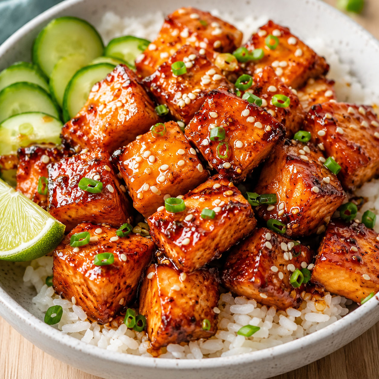 Honey garlic salmon bites with sesame and green onions over rice