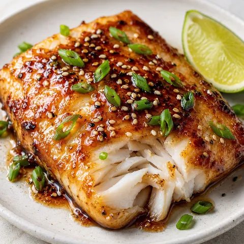 Honey-soy glazed cod with sesame seeds, scallions, and lime on a white plate