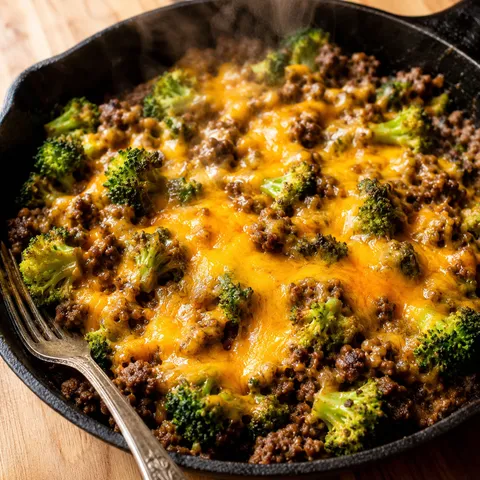 Ground beef and broccoli skillet covered with melted sharp cheddar in a cast iron pan