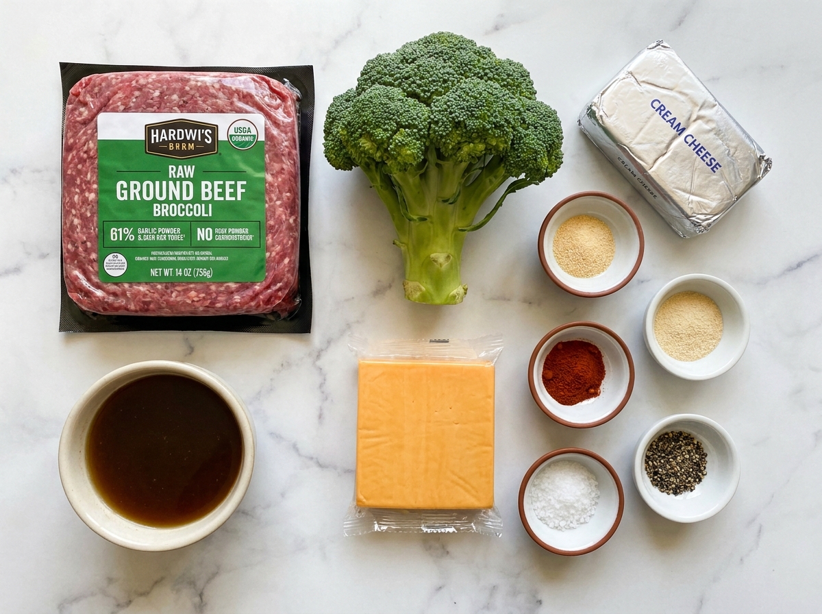 Raw ground beef, broccoli, cheddar, and cream cheese on a wooden board