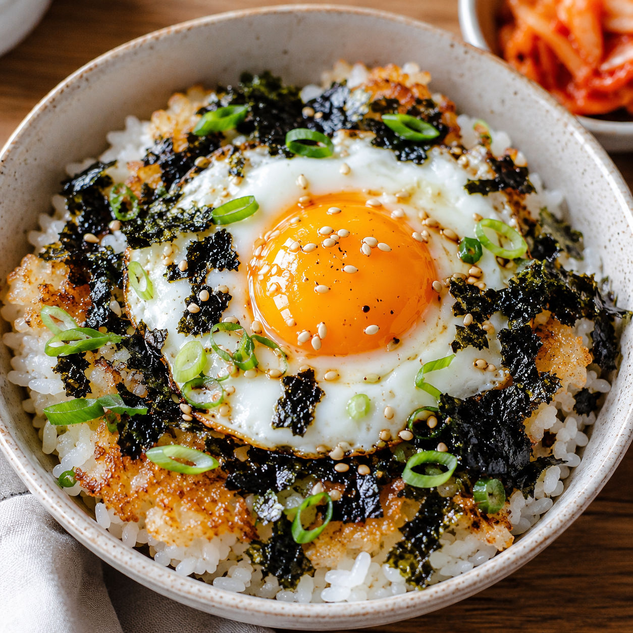 Korean egg rice with sunny egg, seaweed, sesame seeds, and scallions