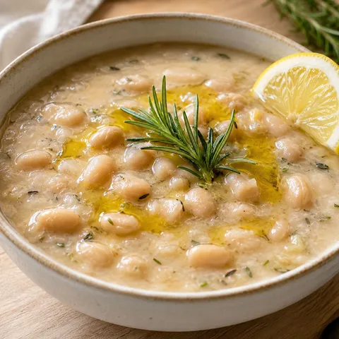 Creamy lemon rosemary white bean soup in a ceramic bowl with olive oil drizzle